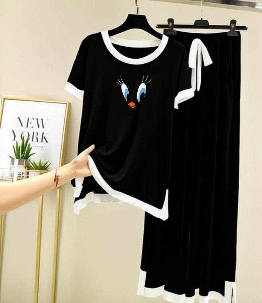 Daffy Duck Printed Half sleeves Black with White Round Neck Palazzo Pajama Set