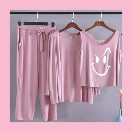 Pink White Butterfly Women 3pcs Night Suit set