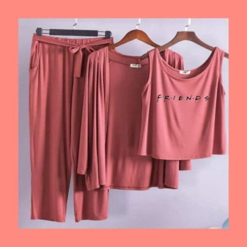 Brown Black Friends Women 3pcs Night Suit set