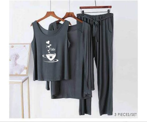 Grey white i love coffee Women 3pcs Night Suit set