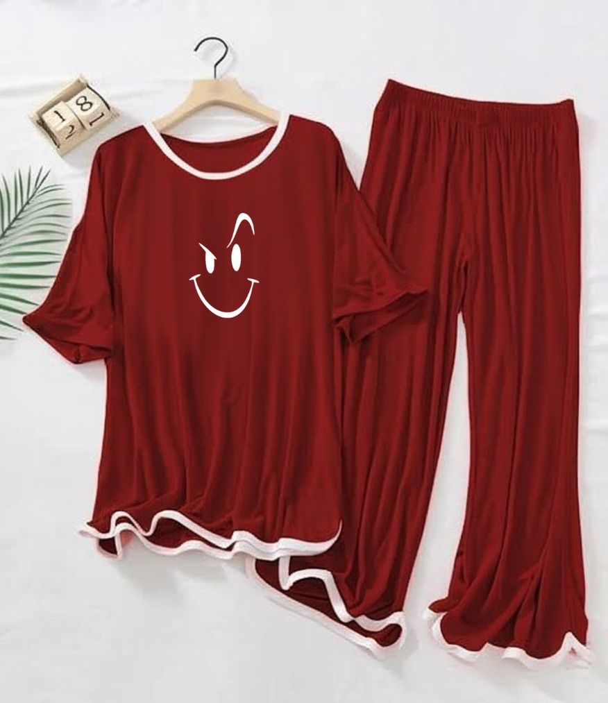 Smiley Face Printed Half sleeves Maroon with White Round Neck Palazzo Pajama Set