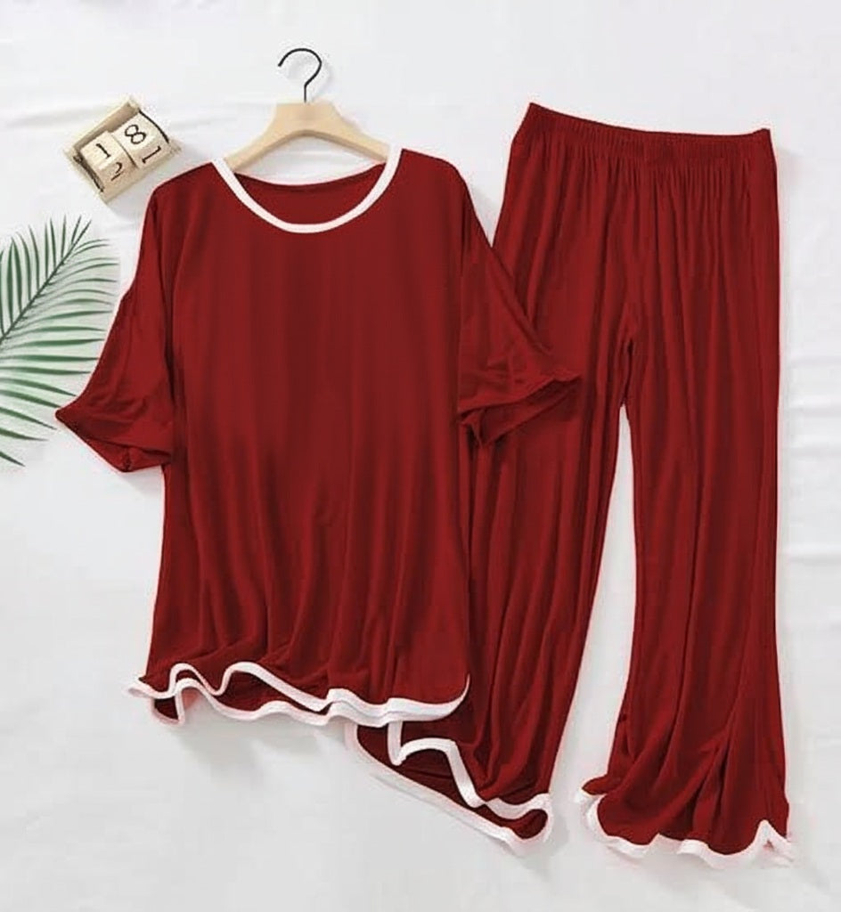 Half sleeves Maroon with White Round Neck Palazzo Pajama Set