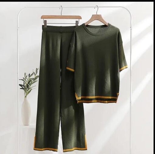Bottle Green Slit Short Sleeve with Palazzo For Women PJ Set