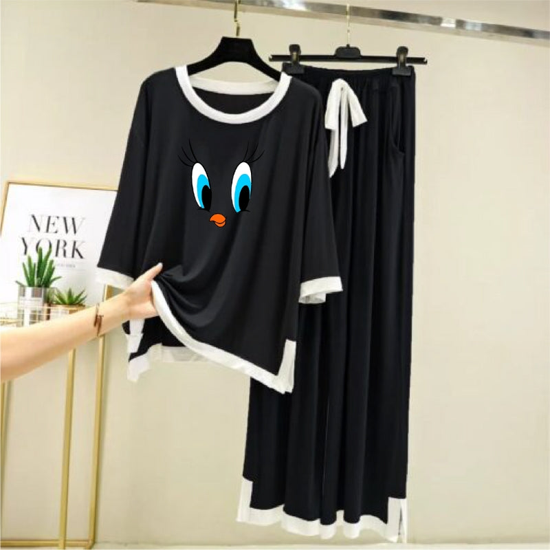 Daffy Duck Printed Black with White Round Neck Palazzo Pajama Set