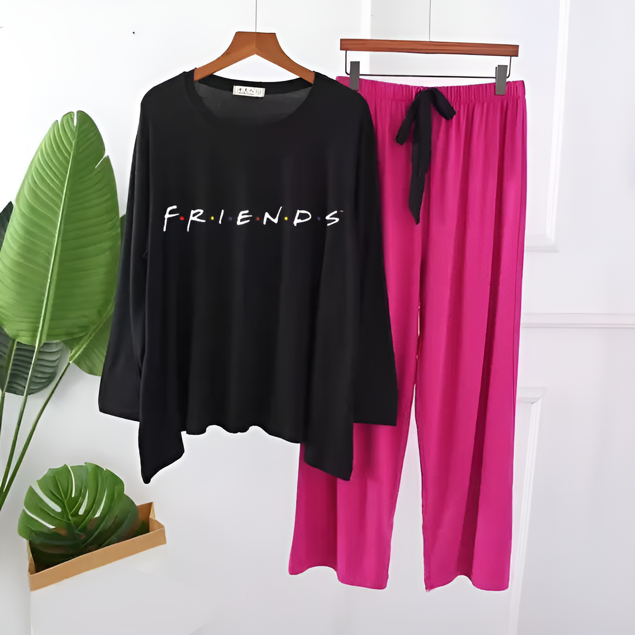 Black and Magenta Friends Printed Loungewear