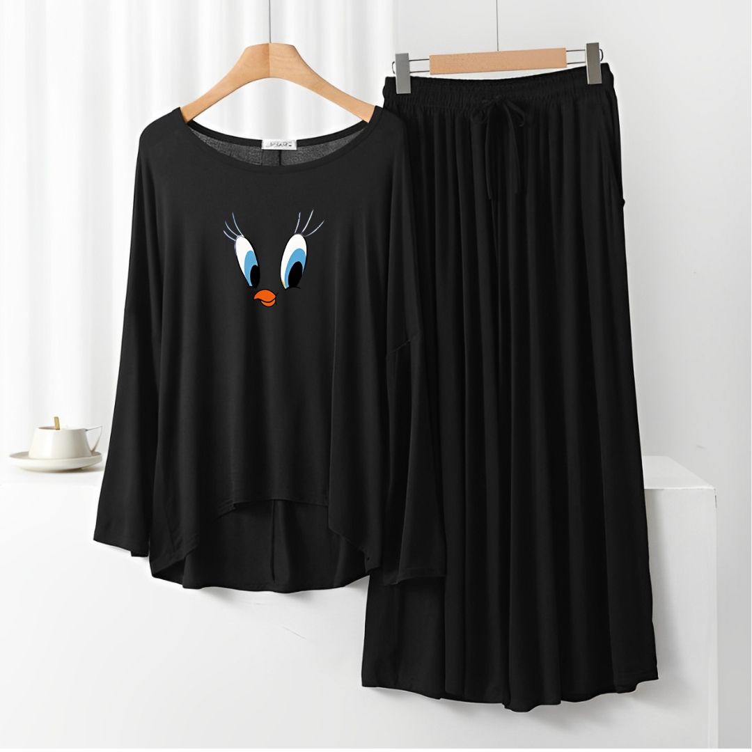 Daffy Duck Printed Black Frill Sleeve Loose Lounge Wear Palazzo Set