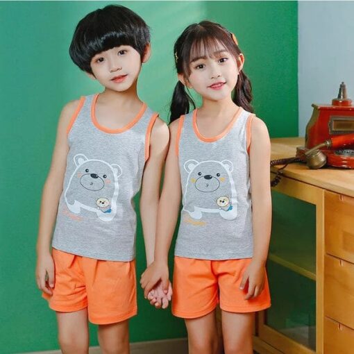 Grey With Orange Pooh Bear Sleeveless Set for kids