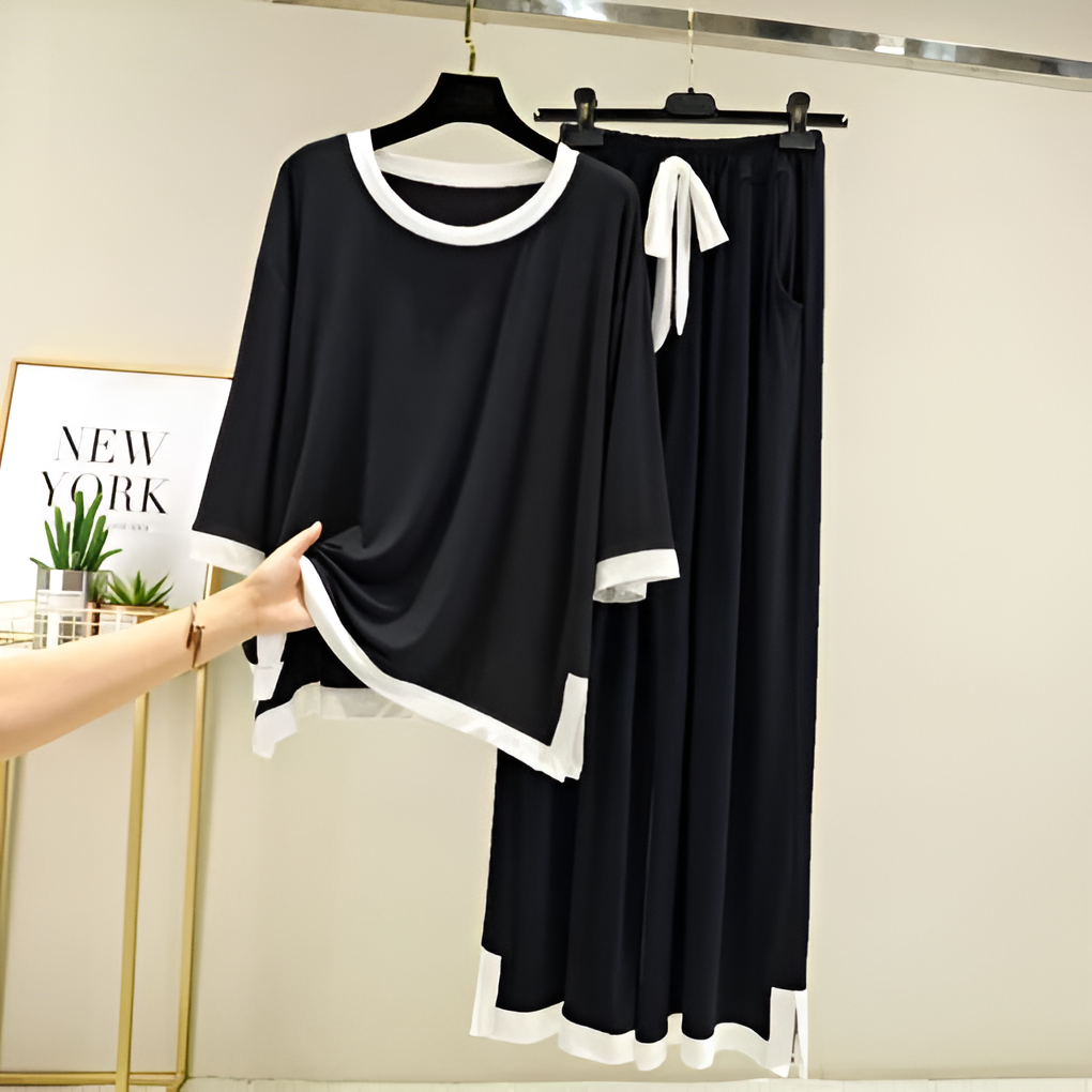 Black with White Round Neck Palazzo Pajama Set