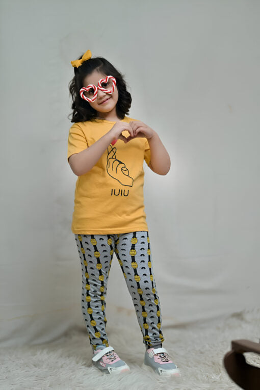 Baby or Baba Yellow Hand Print Half Sleeves T-Shirt with Pineapple Pajama