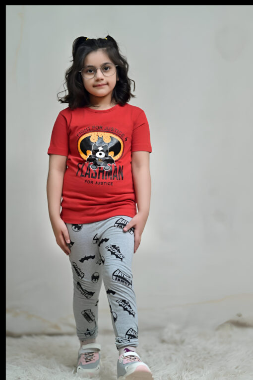Baby Or Baba Red Bat Print Half Sleeves T-shirt With Printed Pajama