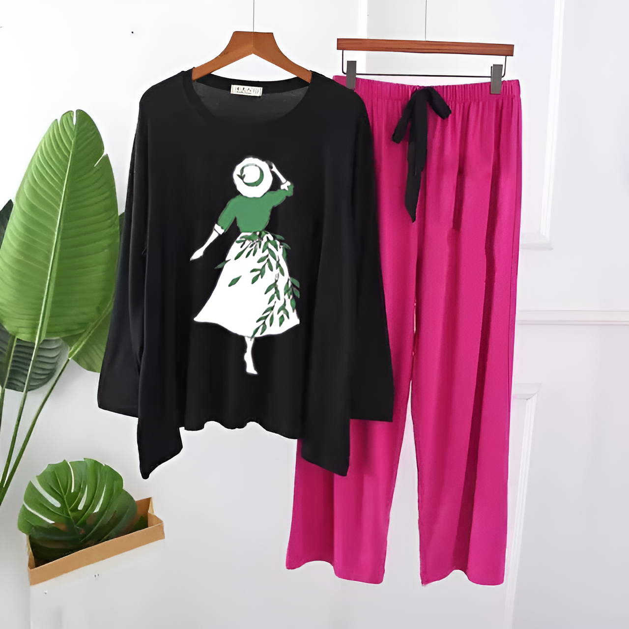 Black and Magenta Spring Girl Printed Loungewear