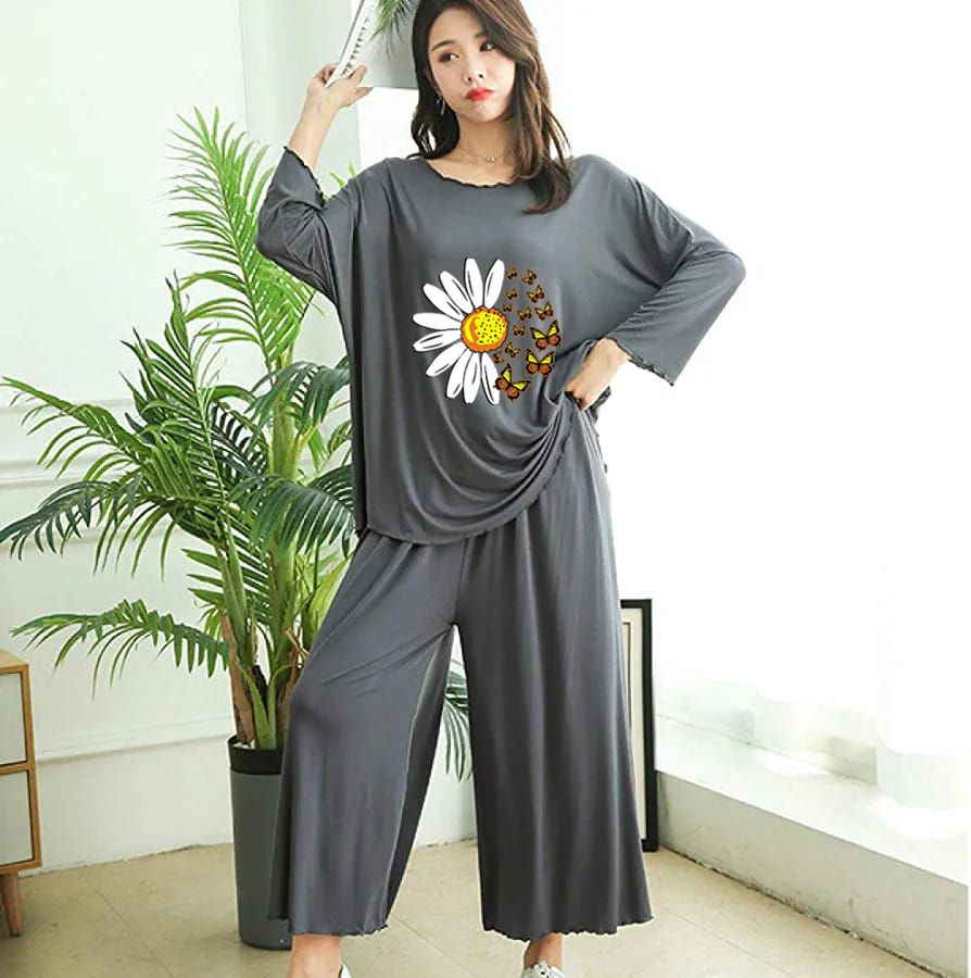 Grey Daisy Flower Printed Loungewear