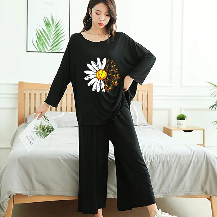 Black Daisy Flower Printed Loungewear