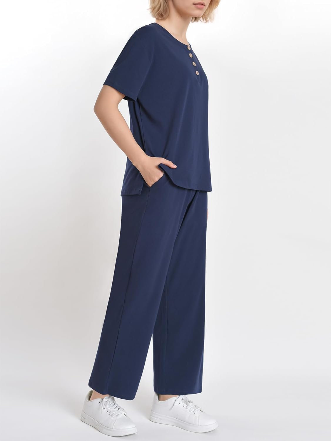Navy Blue Button-Up Shirt & Capri Co-Ord Set