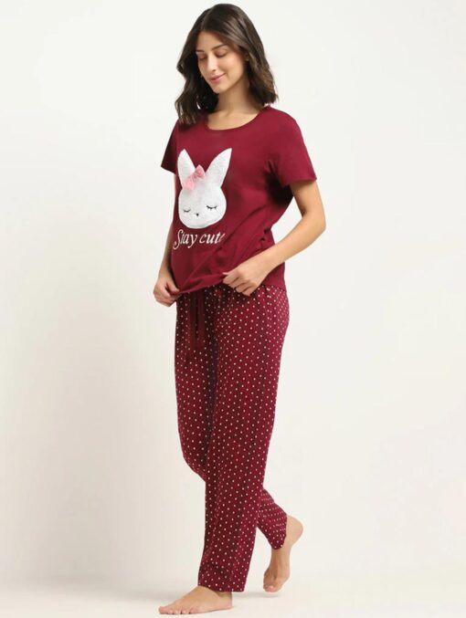Maroon Bunny Print Women’s Pajama Set