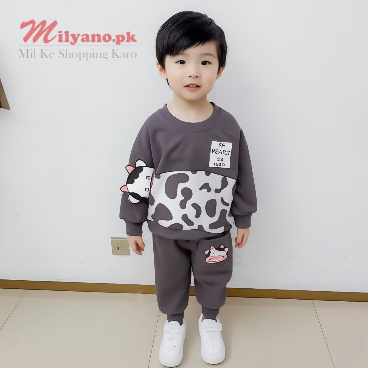 Grey Cow Print Sweatshirt & Trouser for Kids