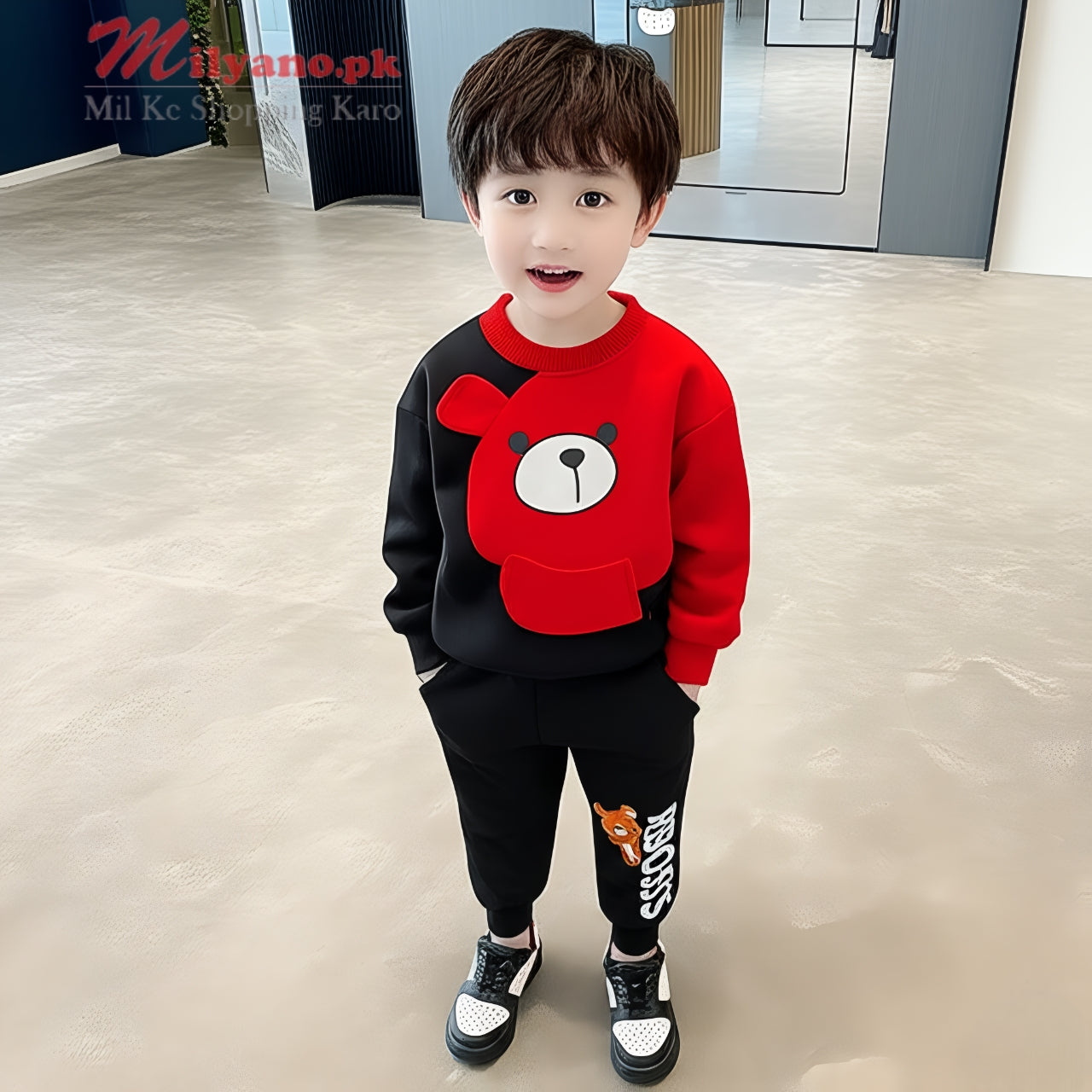 Red & Black Bear Print Sweatshirt & Trouser for Kids