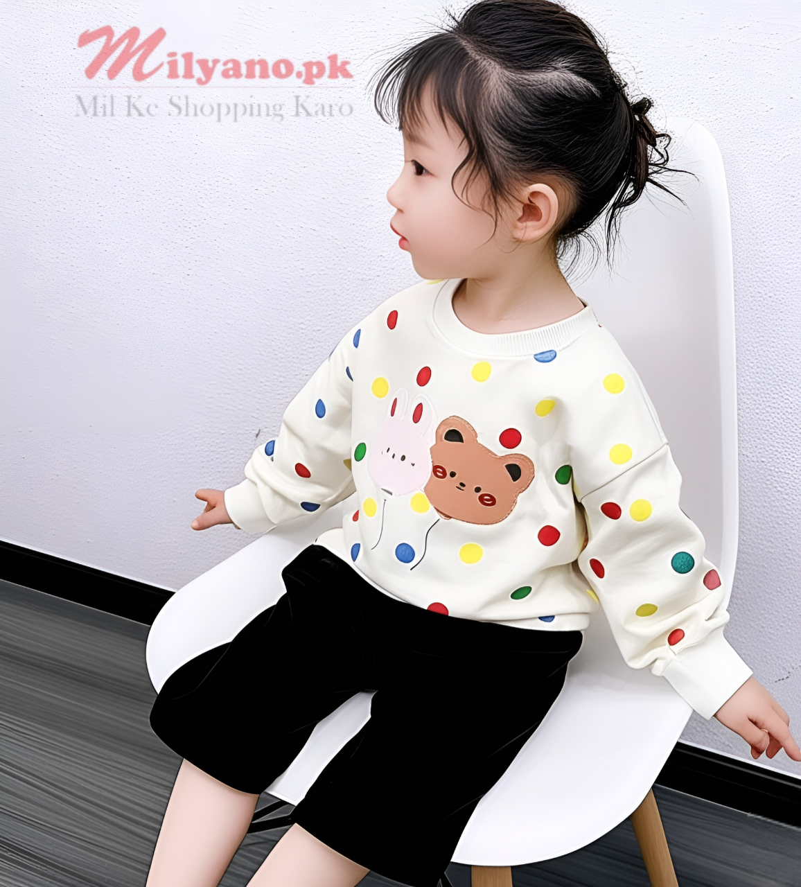 Multi Dots & Two Bunny Print Sweatshirt & Black Trousers For Kids