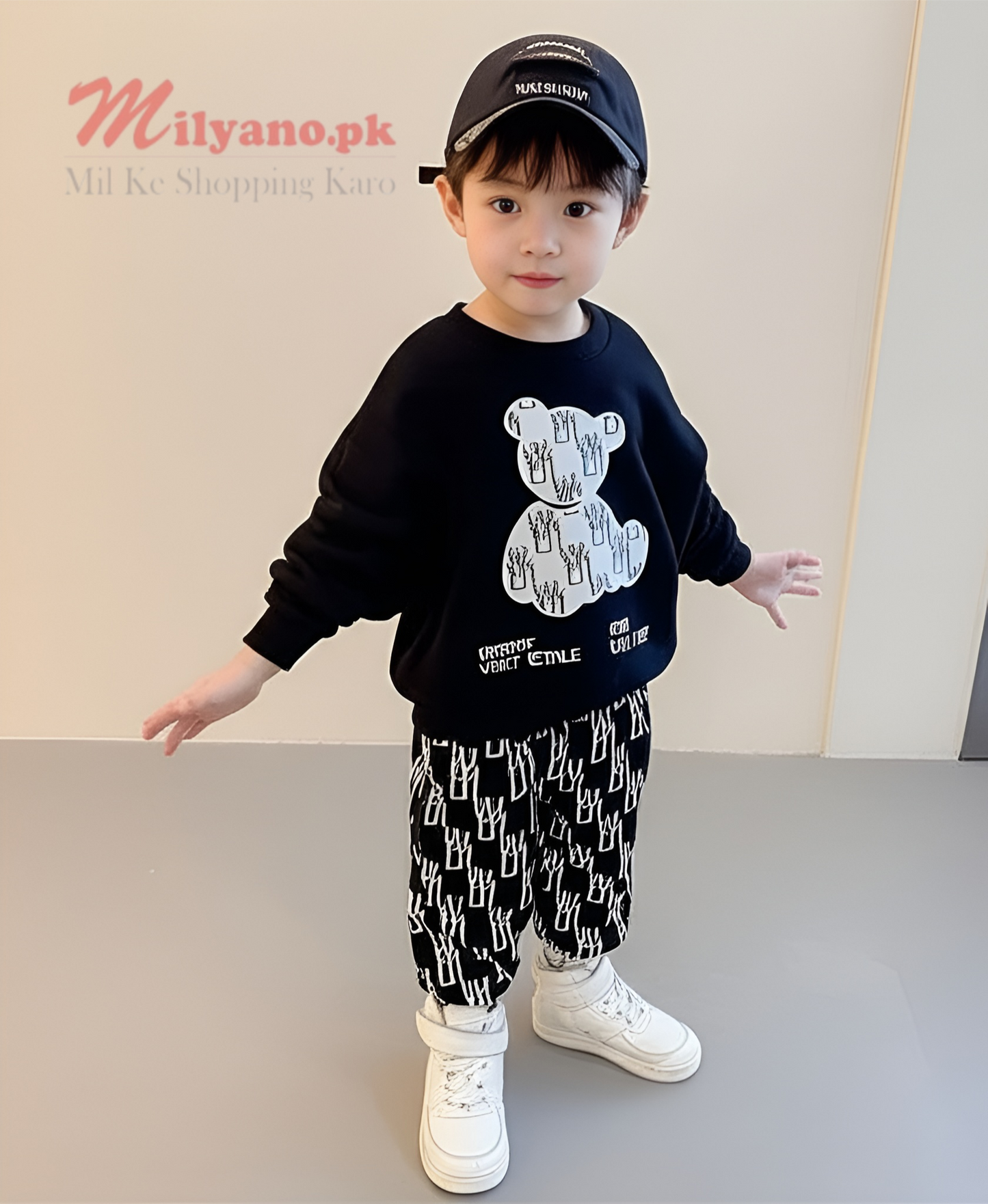 Black & White Bear Print Sweatshirt & Trouser for Kids