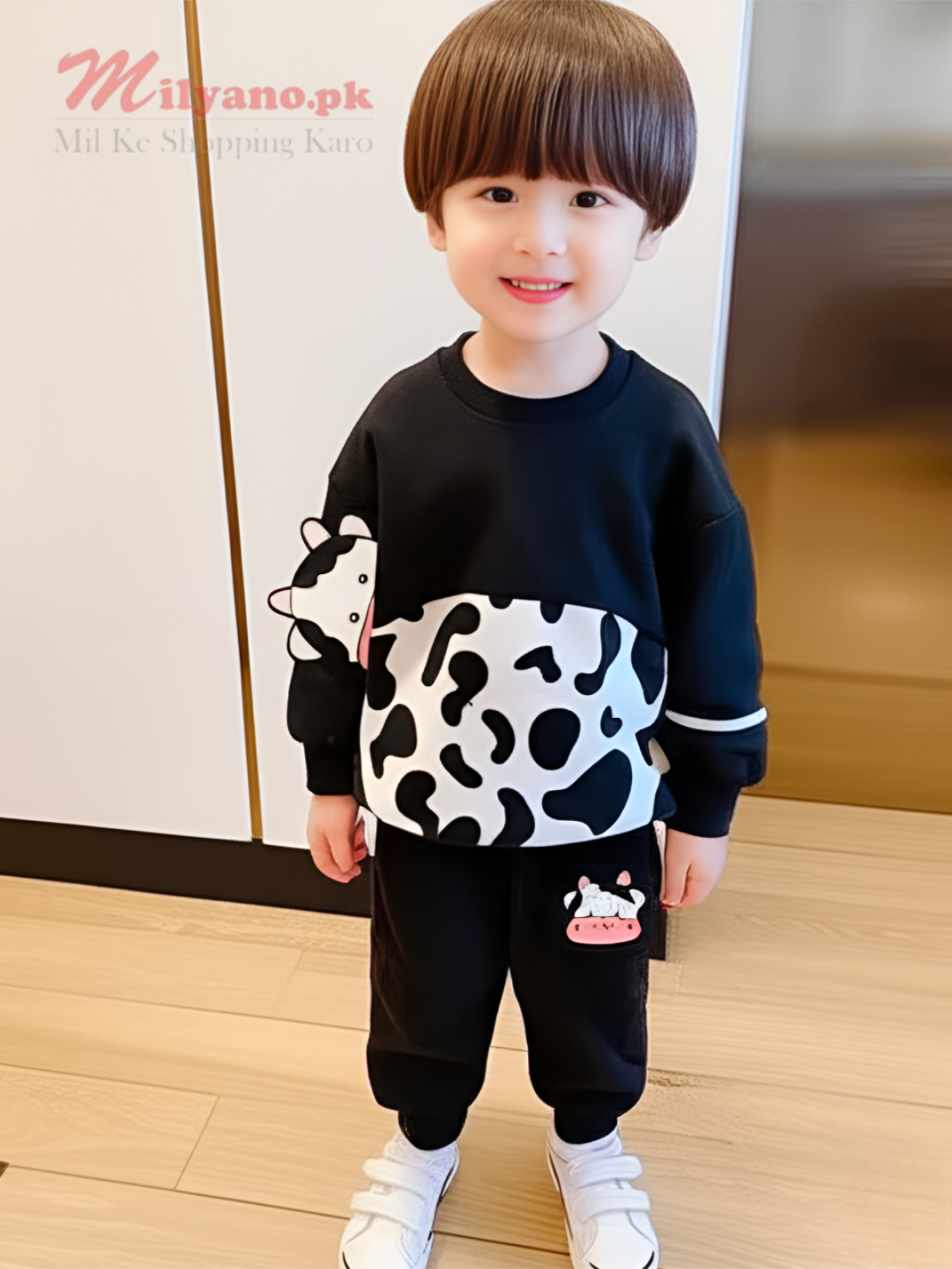 Black Cow Print Sweatshirt & Trouser for Kids