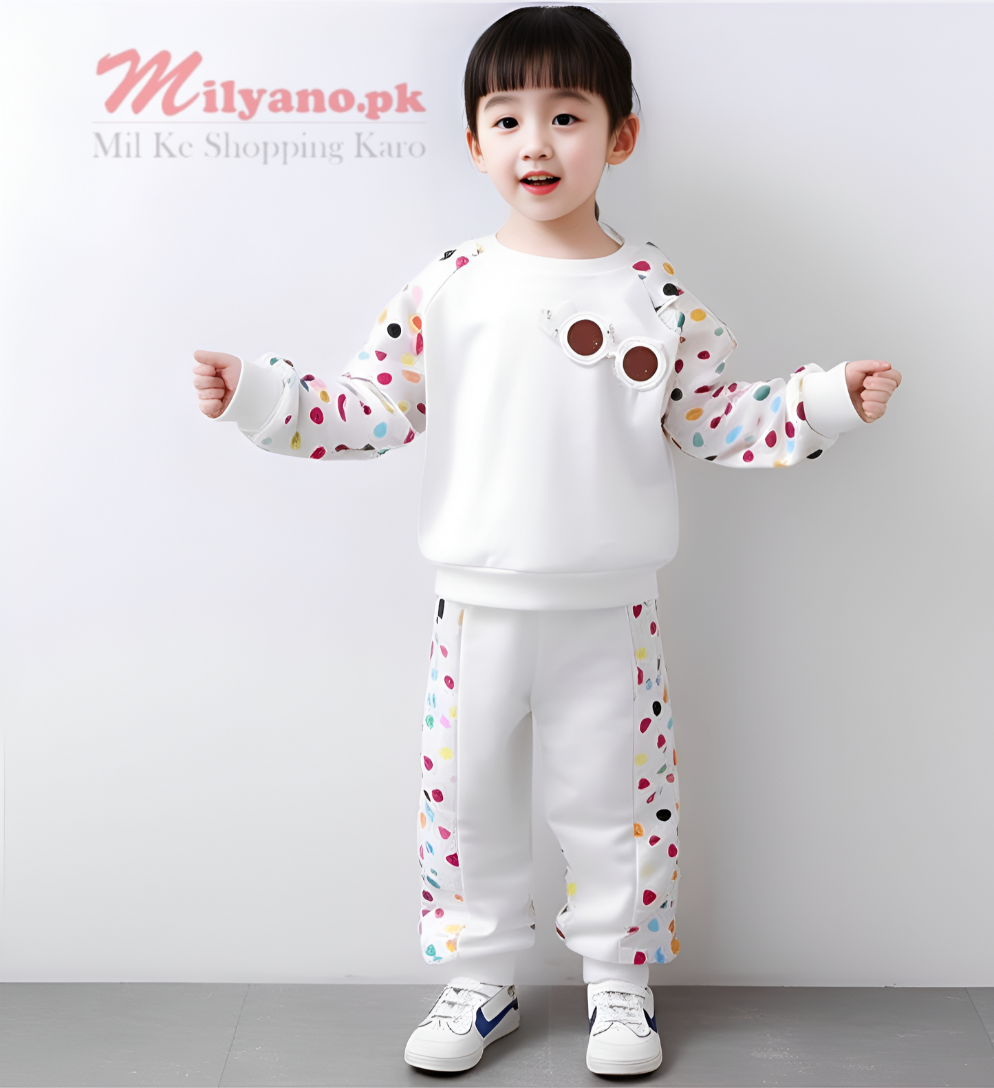 White Multi Dots Print Sweatshirt & Trousers for Kids