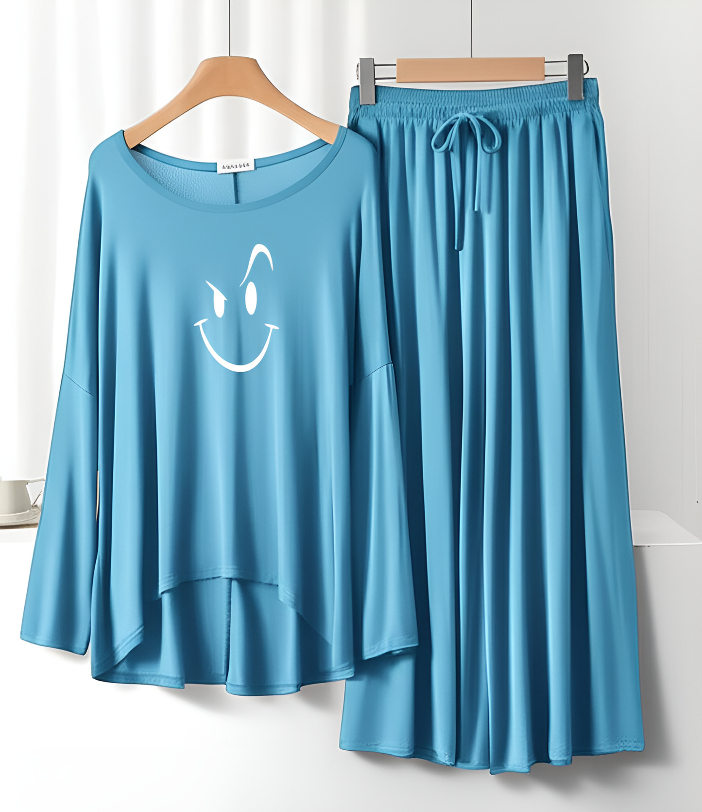 Smiley Face Printed Neon Blue Frill Sleeve Loose Lounge Wear Palazzo Set
