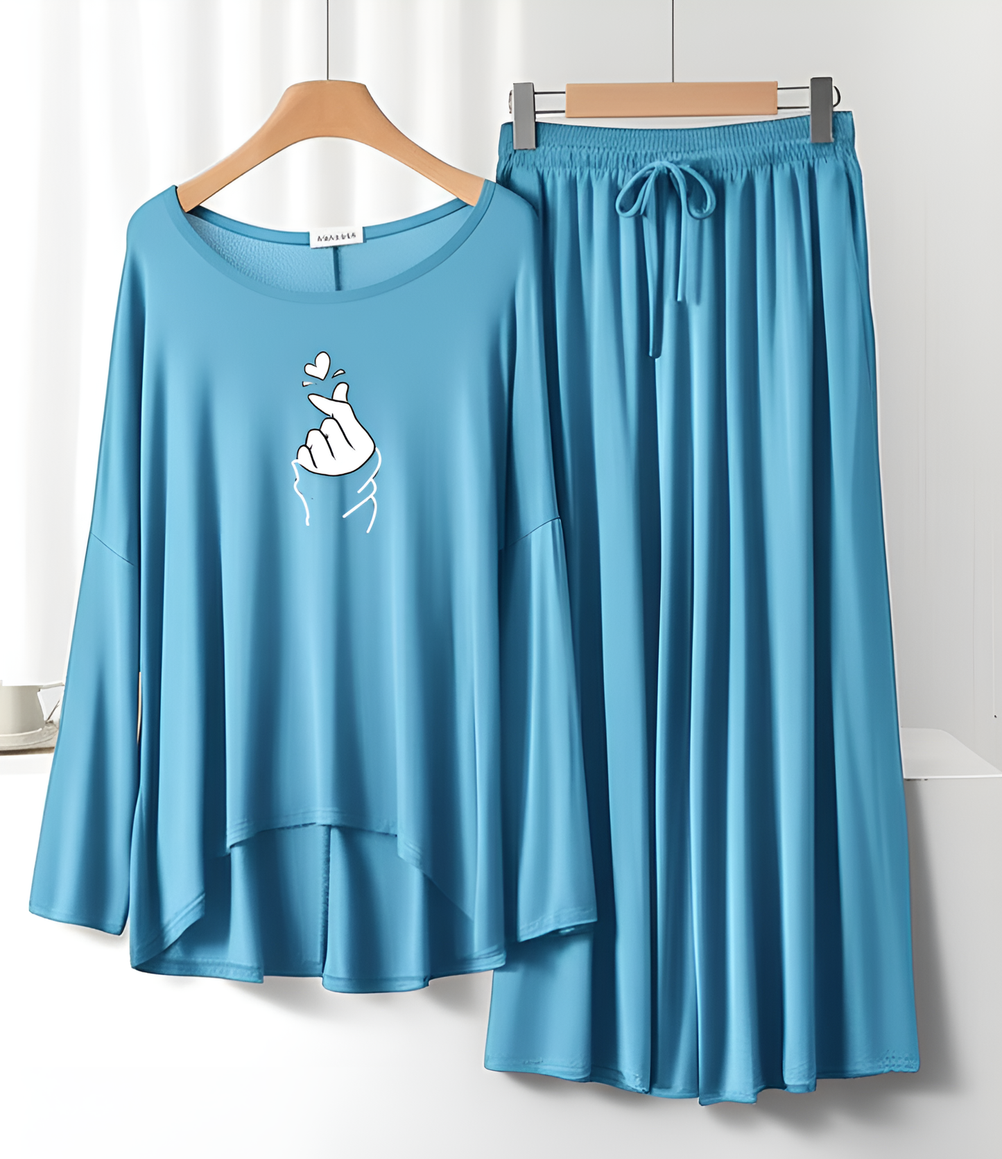 Love heart Printed Neon Blue Frill Sleeve Loose Lounge Wear Palazzo Set
