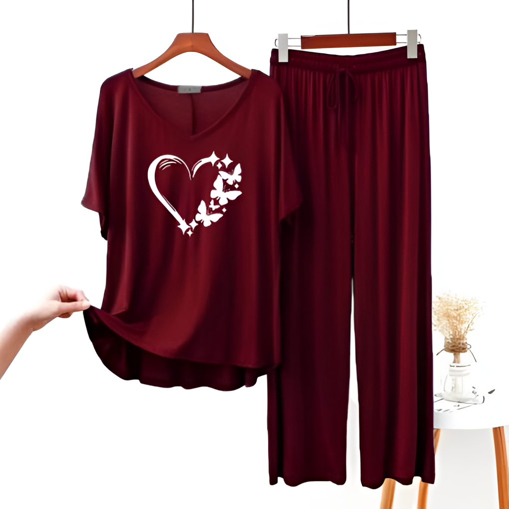 Heart Printed Half Sleeves Maroon V Neck T shirt with Maroon Palazzo Pajama Set