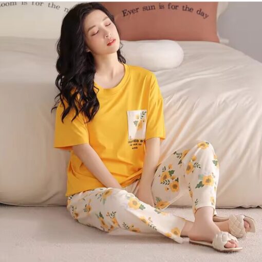 Yellow Flower Pocket Print T-Shirt & Trouser Set