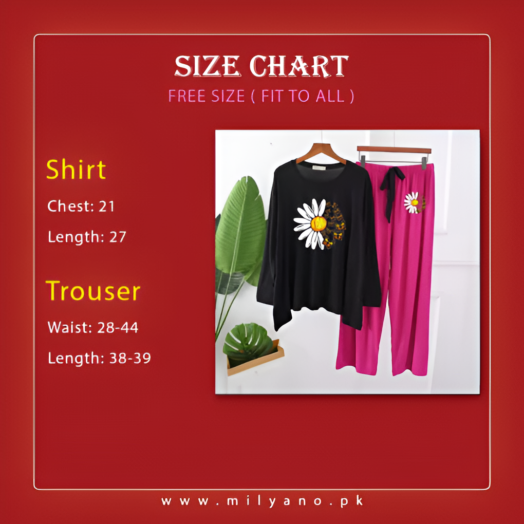 Black and Magenta Daisy Flower Printed Loungewear