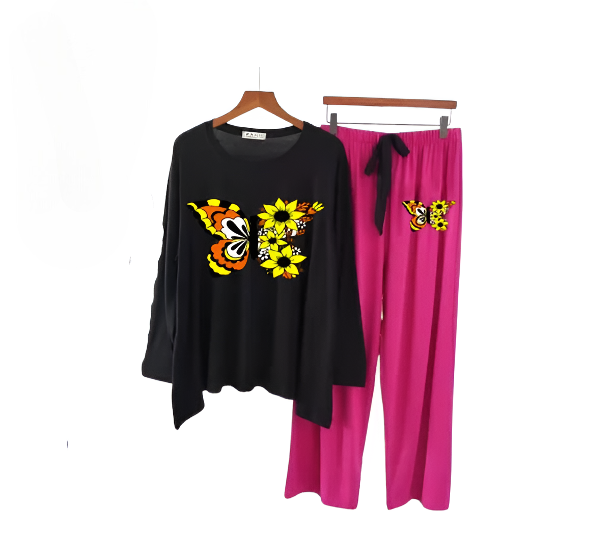 Black and Magenta Colored Butterfly Printed Loungewear