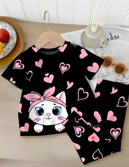 Black Kitty with Pink Hearts Printed Kids Wear