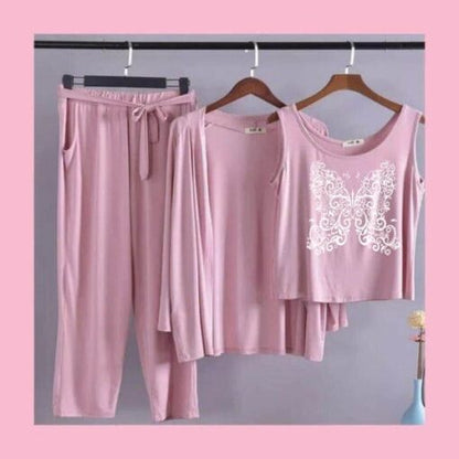 Pink White Butterfly Women 3pcs Night Suit set