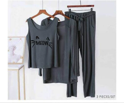 Grey Black Meow Women 3pcs Night Suit set