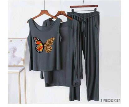 Grey Colorful Butterfly Women 3pcs Night Suit set