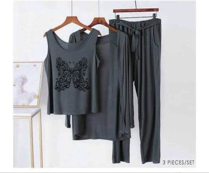 Grey Black Butterfly Women 3pcs Night Suit set