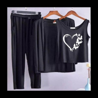 Black White heart Women 3pcs Night Suit set