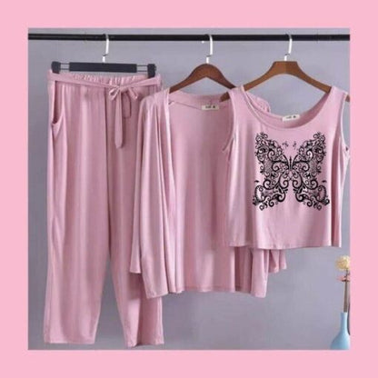 Pink Black Butterfly Women 3pcs Night Suit set