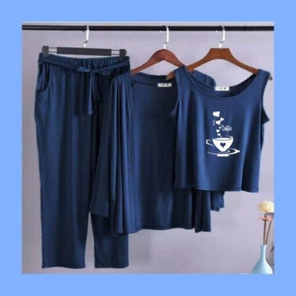 Blue White I Love Coffee Women 3pcs Night Suit set