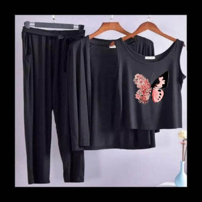 Black Pink Butterfly Women 3pcs Night Suit set