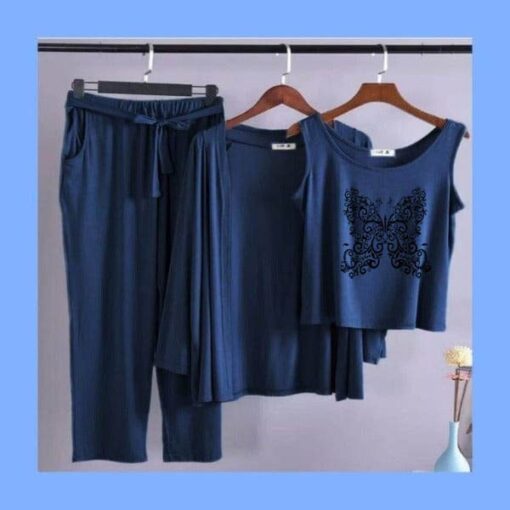 Blue Black Butterfly Women 3pcs Night Suit set