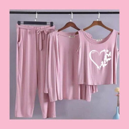 Pink White Heart Butterfly Women 3pcs Night Suit set