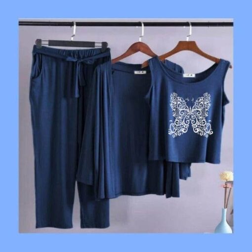 Blue White Butterfly Women 3pcs Night Suit set