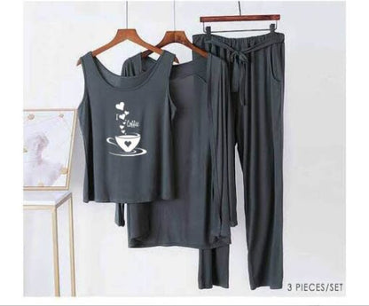 Grey white i love coffee Women 3pcs Night Suit set