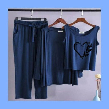 Blue Black Love Heart Women 3pcs Night Suit set