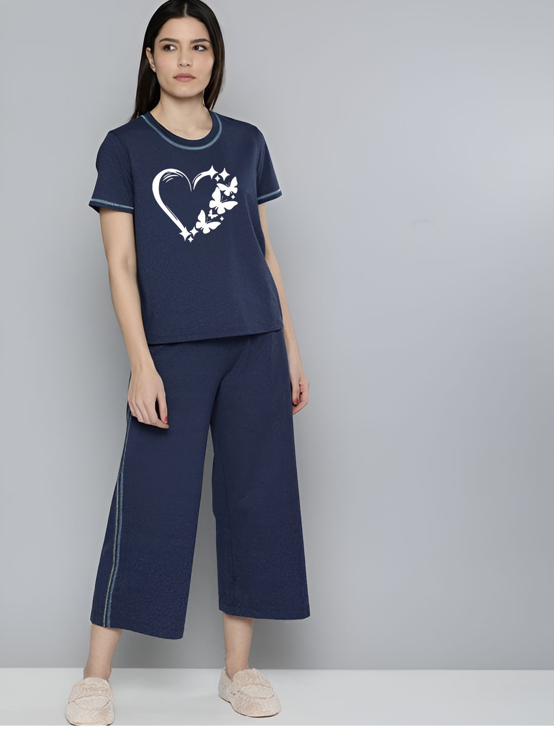 Heart Printed Essential Navy Blue Solid Co-ord set