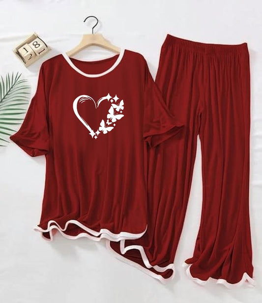 Heart Printed Half sleeves Maroon with White Round Neck Palazzo Pajama Set