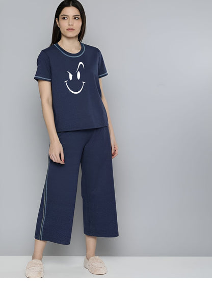 Smiley face Printed Essential Navy Blue Solid Co-ord set
