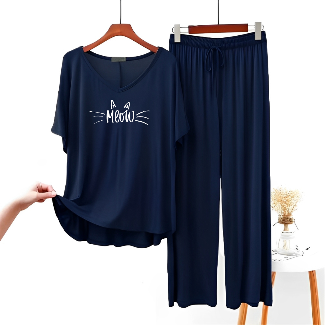 Meow Printed Navy Blue V Neck T shirt with Navy Blue Palazzo Pajama Set