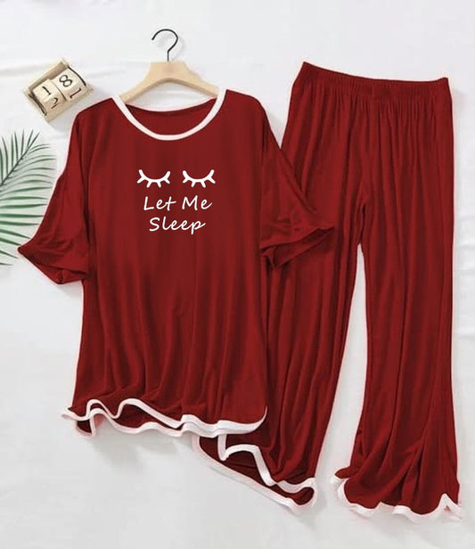 Let Me Sleep Printed Half sleeves Maroon with White Round Neck Palazzo Pajama Set